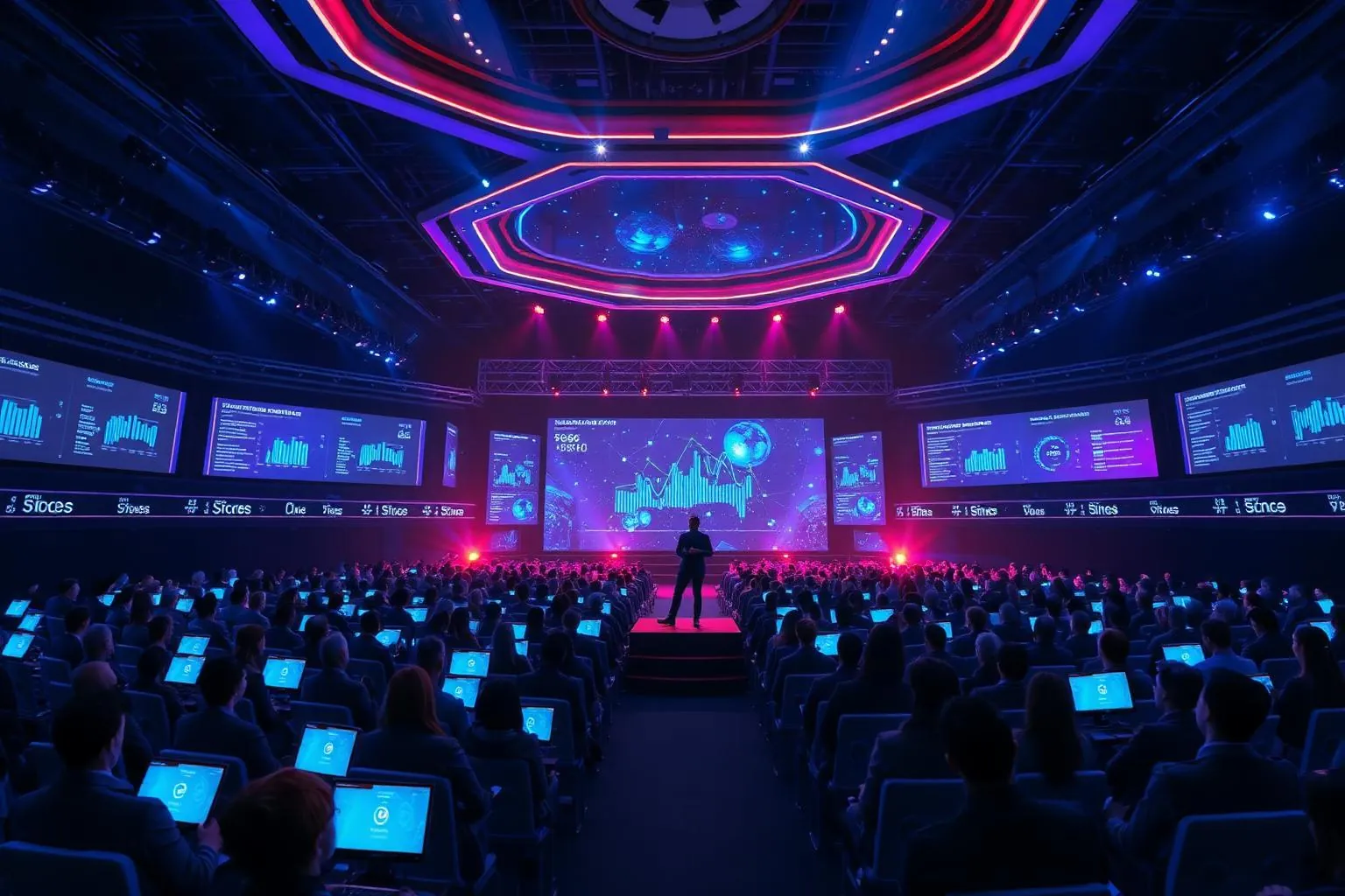 Virtual conference auditorium with thousands of avatars