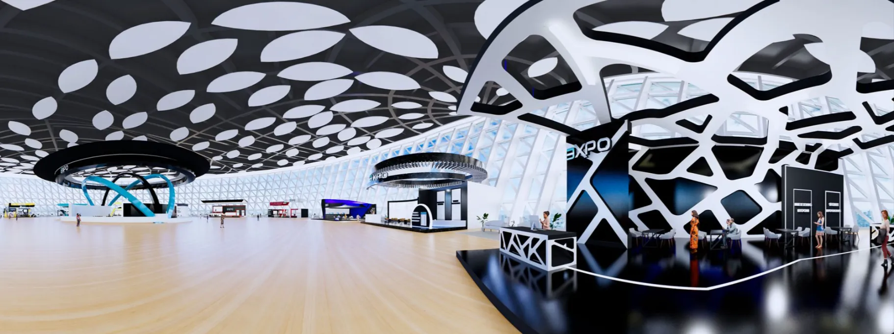 Panoramic view of a 3XPO metaverse venue with branded exhibitor booths and a central stage